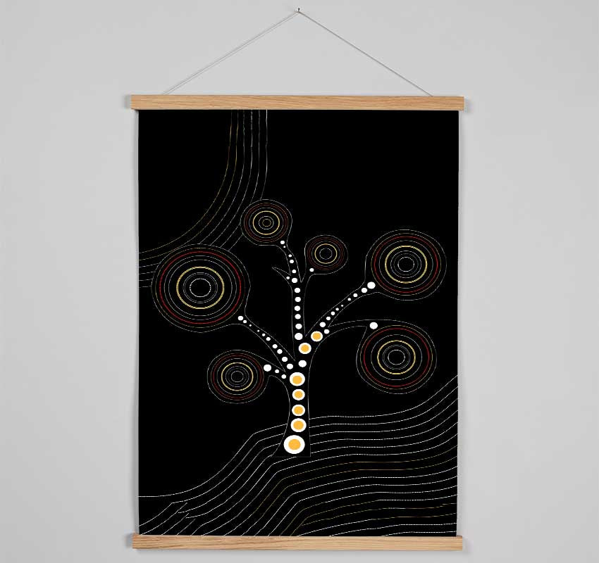 Aboriginal Tree 2 wooden poster hangers in black, white, and natural oak, showcasing a sleek design with magnetic fastening.